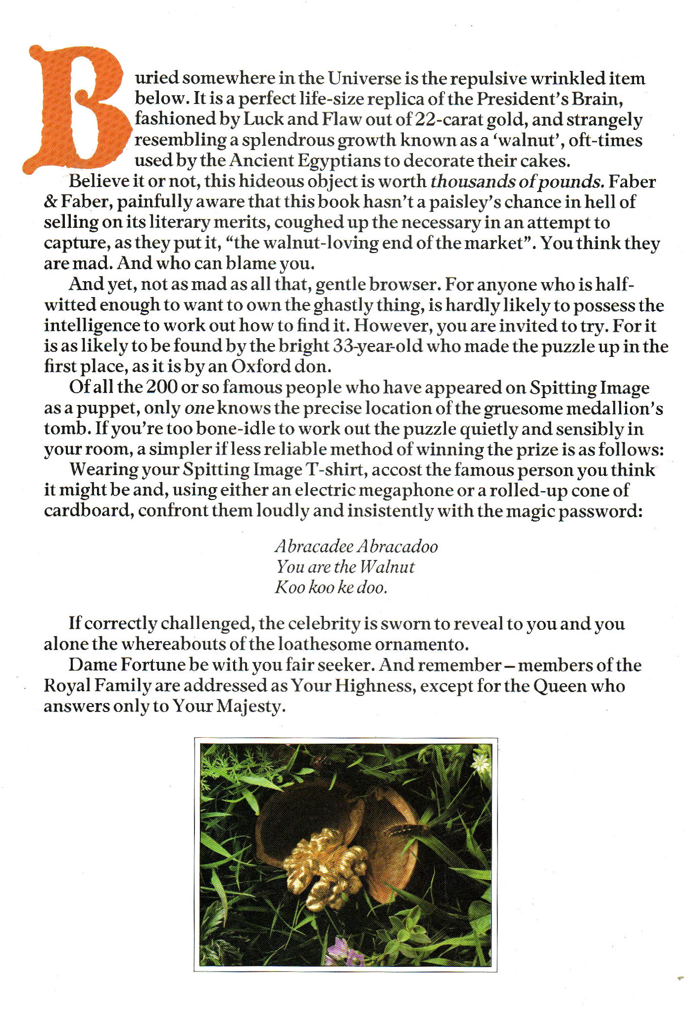 

Buried somewhere in the Universe is the repulsive wrinkled item below. It is a perfect life-size replica of the President's Brain, fashioned by Luck and Flaw out of 22-carat gold, and strangely resembling a splendorous growth known as a 'walnut', oft-times used as by the Ancient Egyptians to decorate their cakes.

Believe it or not, this hideous object is worth thousands of pounds. Faber & Faber, painfully aware that this book hasn't a paisley's chance in hell of selling on its literary merits, coughed up the necessary in an attempt to capture, as they put it, 'the walnut-loving end of the market'. You think they are mad. And who can blame you.

And yet, not as mad as all that, gentle browser. For anyone who is half-witted enough to want to own the ghastly thing, is hardly likely to possess the intelligence to work out how to find it. However, you are invited to try. For it is as likely to be found by the bright 33-year-old who made the puzzle up in the first place, as it is by an Oxford don.

Of all the 200 or so famous people who have appeared on Spitting Image as a puppet, only one knows the precise location of the gruesome medallion's tomb. If you're too bone-idle to work out the puzzle quietly and sensibly in your room, a simpler if less reliable method of winning the prize is as follows:

Wearing your Spitting Image T-shirt, accost the famous person you think it might be and, using either an electric megaphone or a rolled-up cone of cardboard, confront them loudly and insistently with the magic password:

Abracadee Abracadoo
You are the Walnut
Koo koo ke doo.

If correctly challenged, the celebrity is sworn to reveal to you and you alone the whereabouts of the loathesome ornamento. 

Dame Fortune be with you fair seeker. And remember - members of the Royal Family are addressed as Your Highness, except for the Queen who answers only to Your Majesty.
