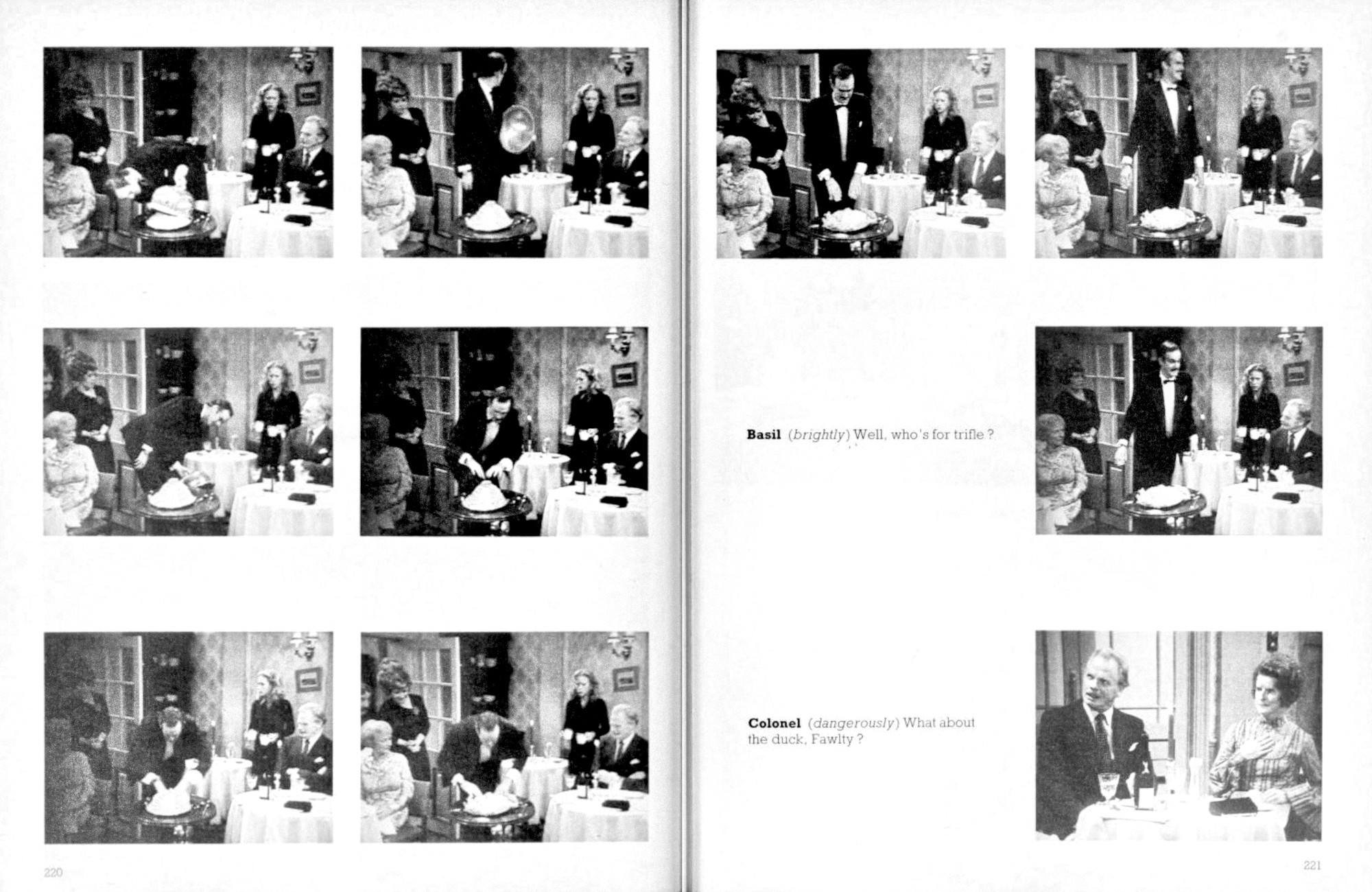 Picture of the final scene of the script book for Gourmet Night - showing lots of screengrabs of the scene, but no stage directions