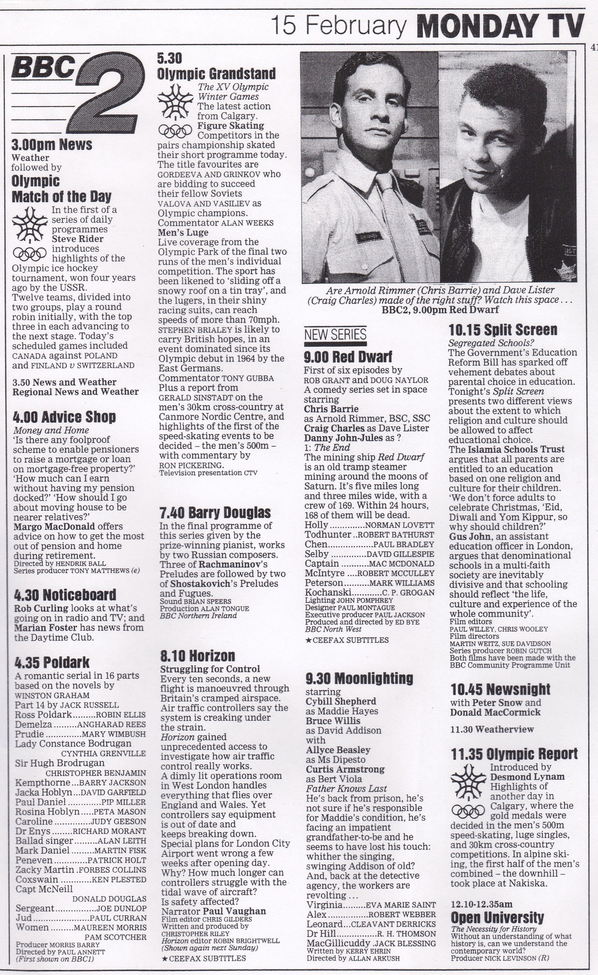 Full Radio Times page for the 15th February 1988, featuring the first episode of Red Dwarf