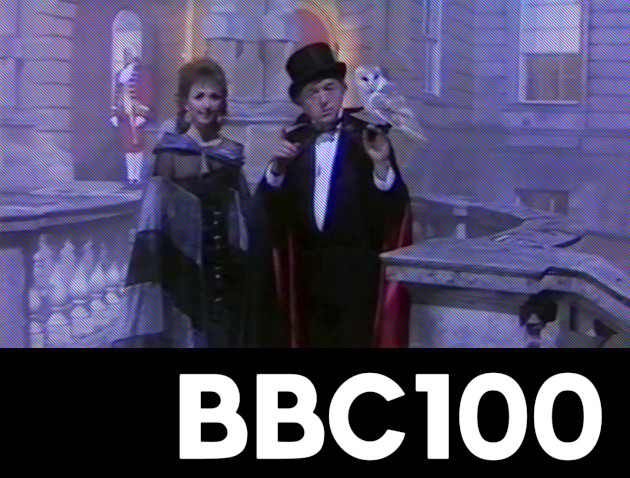 BBC 100 logo, with Paul Daniels, Debbie McGee, and an owl