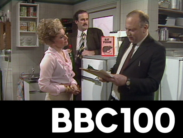 BBC 100 logo, with Basil, Sybil and the health inspector