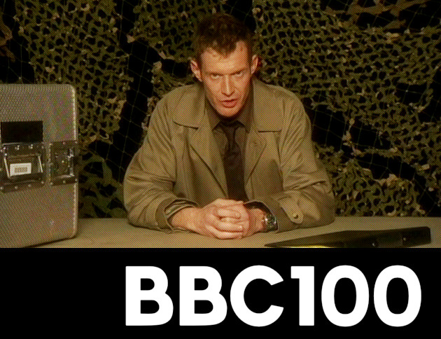 BBC100 logo, with Professor Quatermass speaking to camera