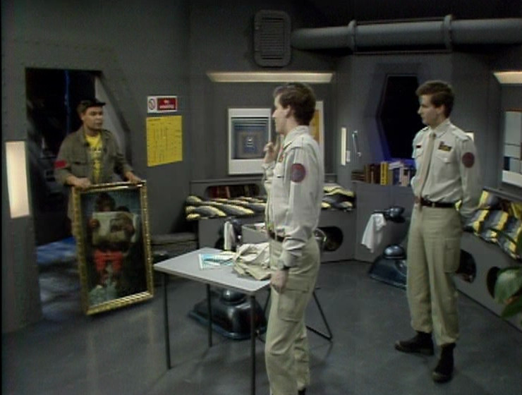 Lister and the two Rimmers in Rimmer's bunkroom