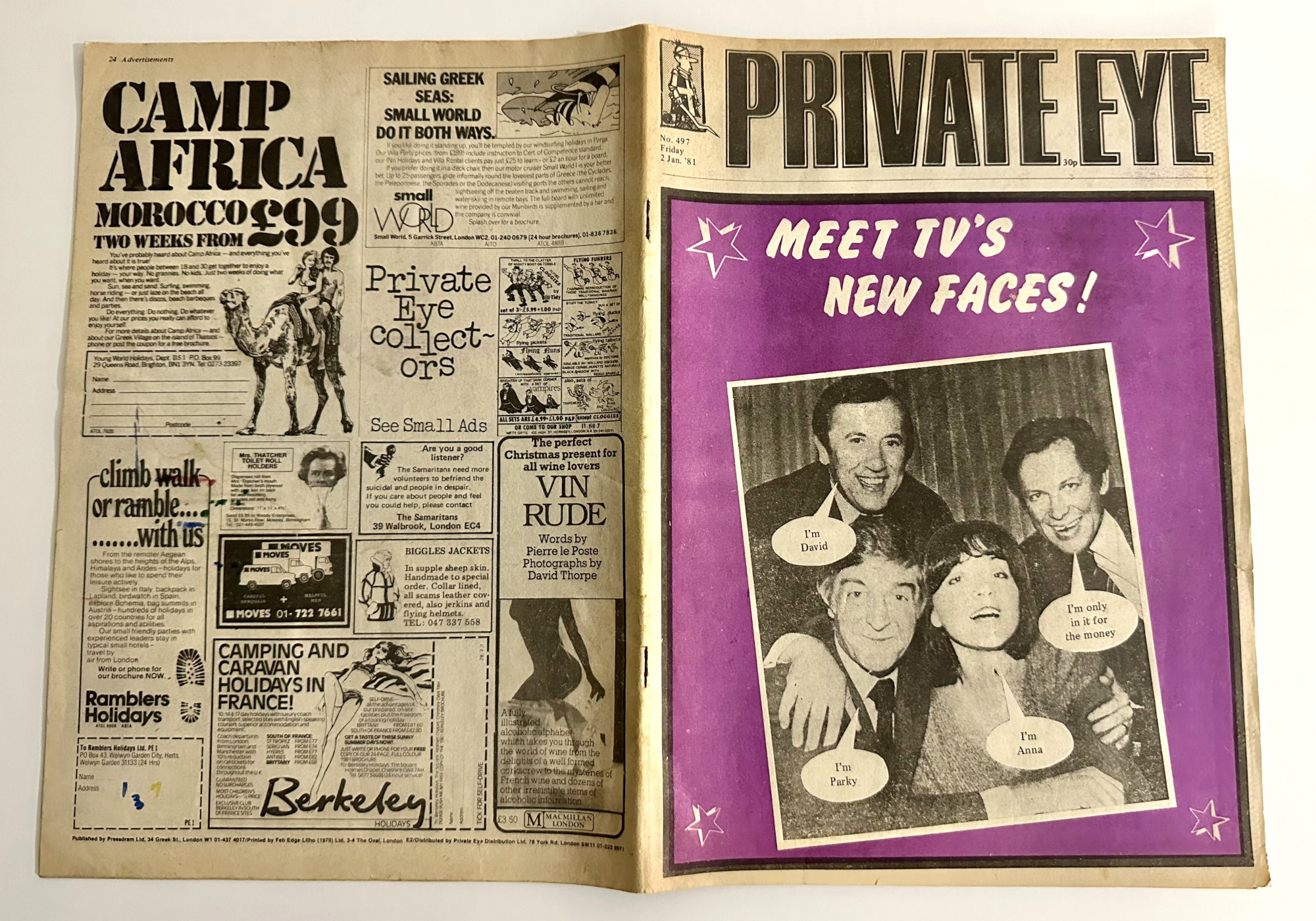 Actual issue of Private Eye, showing purple cover and CAMP AFRICA advert