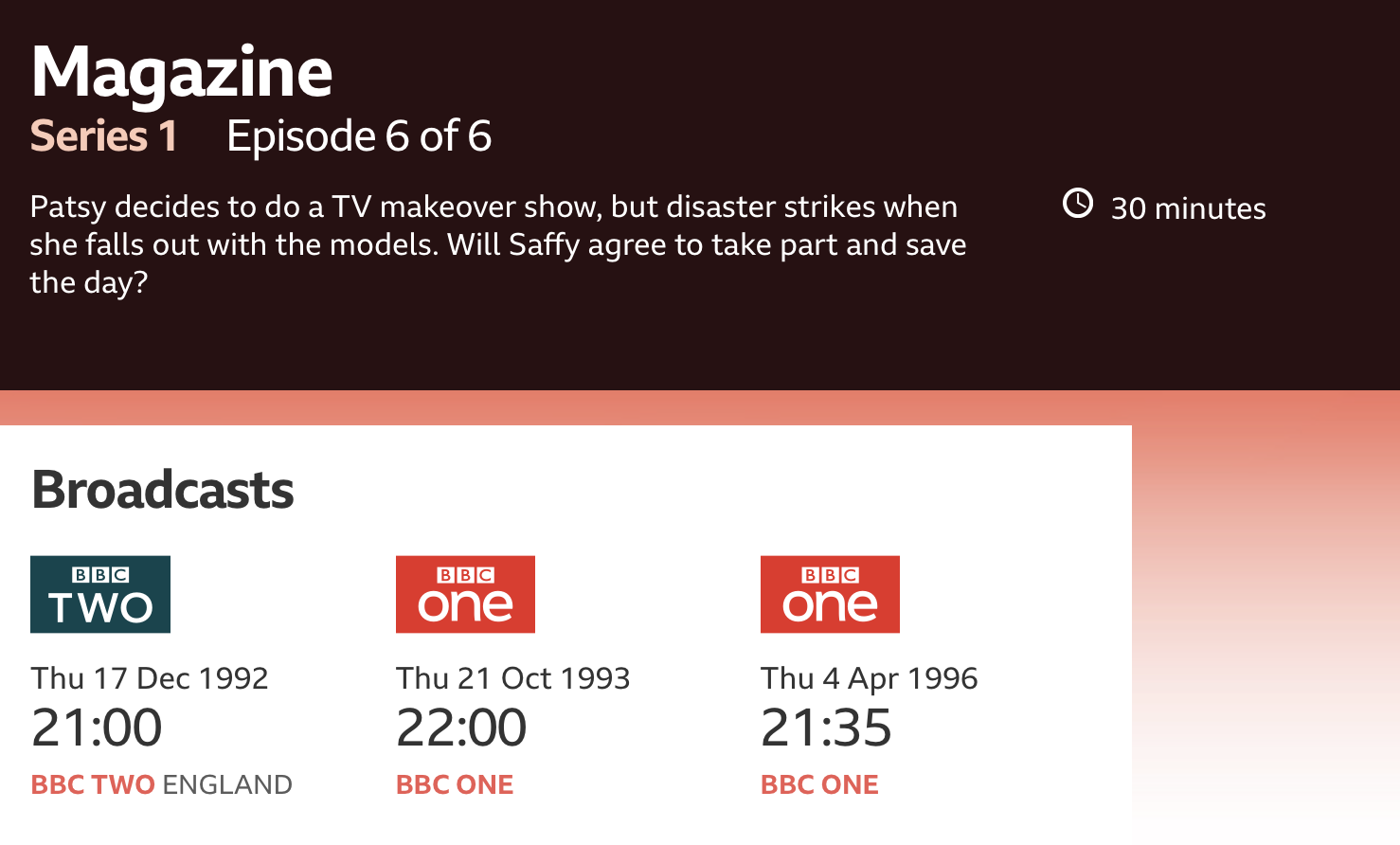 Screengrab of BBC website, showing: Magazine - Series 1 - Episode 6 of 6
BBC Two, Thu 17 Dec 1992