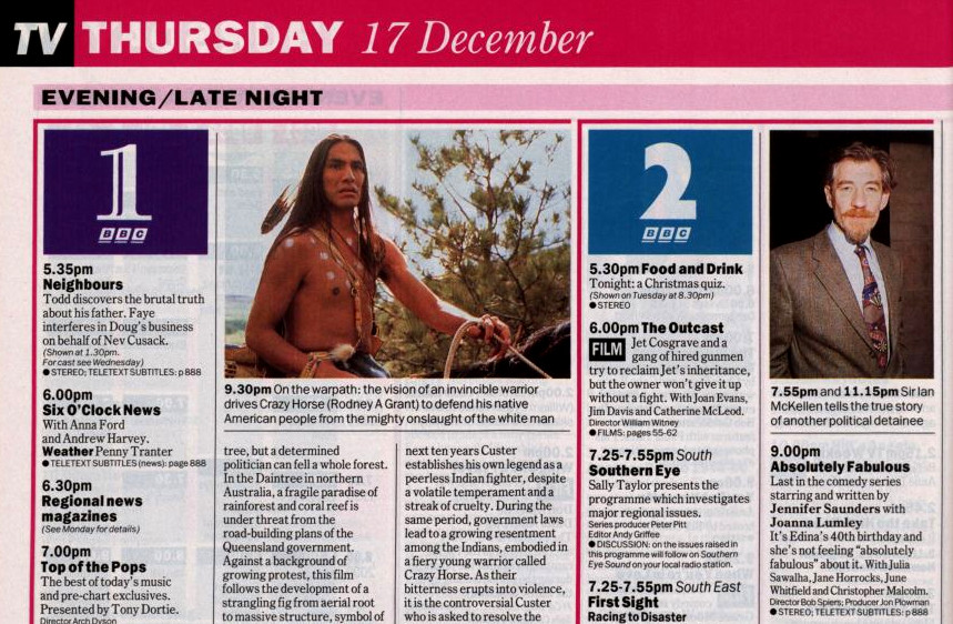 Radio Times page for Thursday 17th December.
9.00pm Absolutely Fabulous
Last in the comedy series starring and written by Jennifer Saunders with Joanna Lumley.
It's Edina's 40th birthday and she's not feeling 'absolutely fabulous' about it.