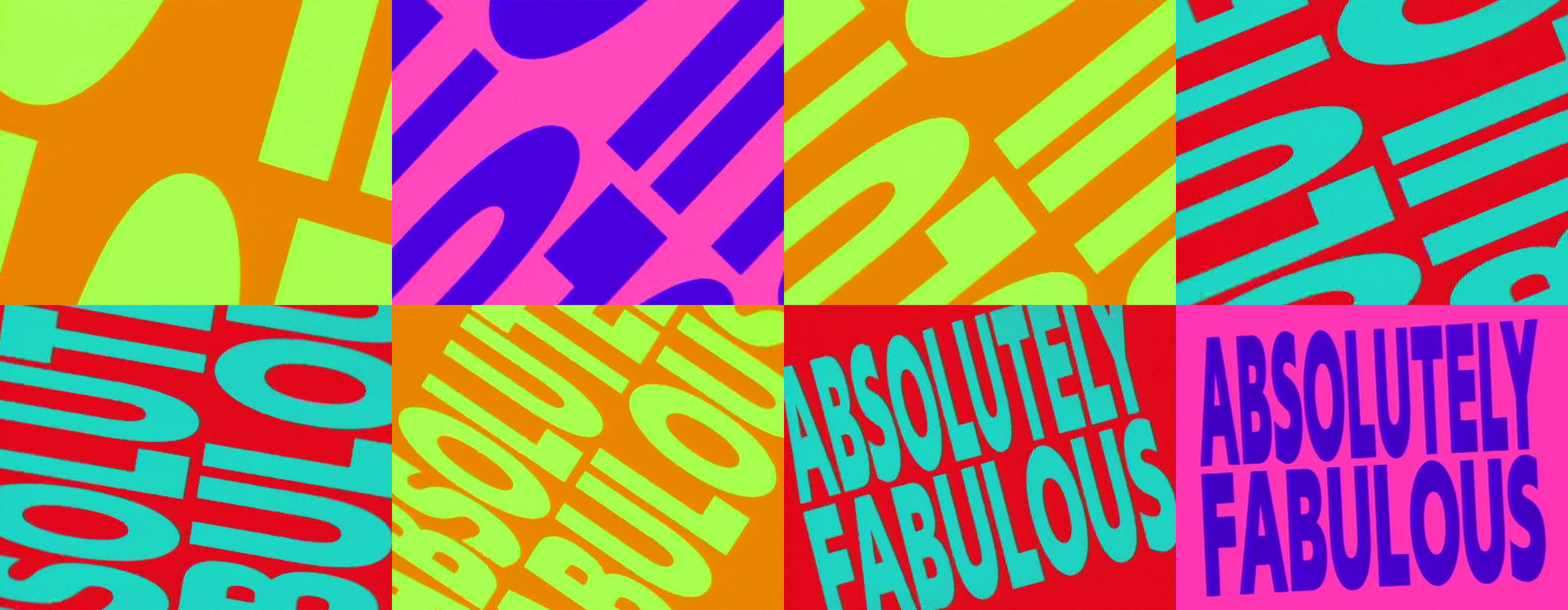A 4x8 grid of the Series 1 title sequence - coloured letters rotating outward, of ABSOLUTELY FABULOUS