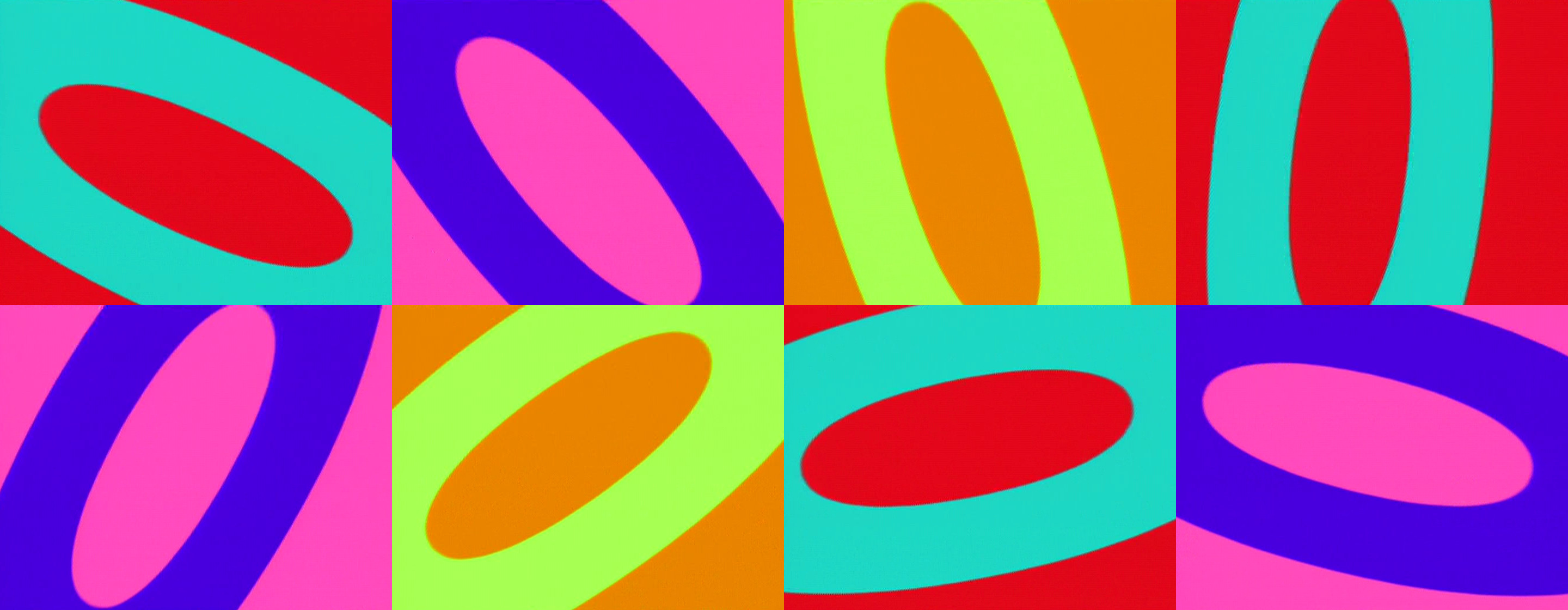 A 4x8 grid of the Series 1 title sequence - coloured letters of a rotating O