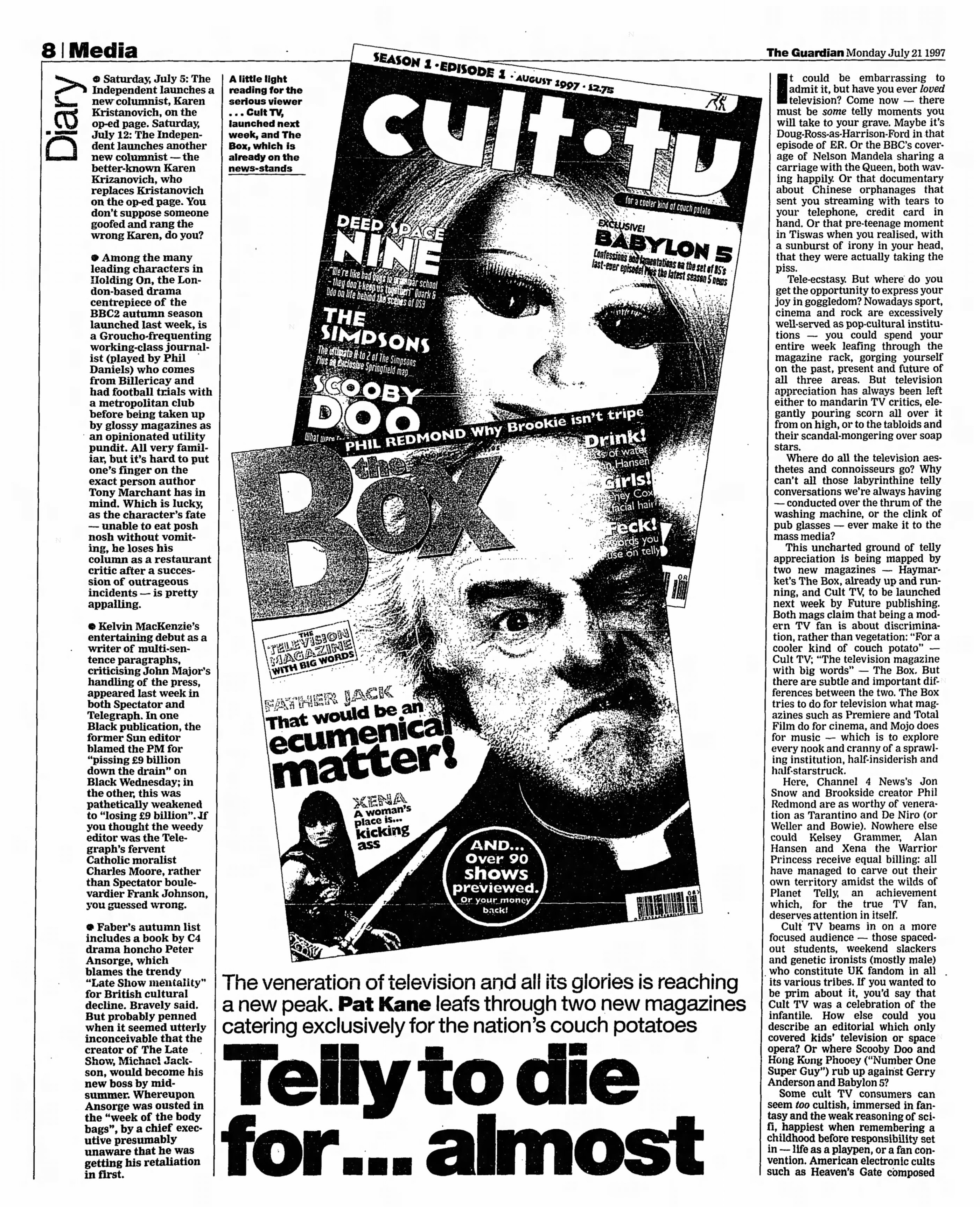 The main article, with the same Cult TV front page image on it. The headline underneath reads: Telly to die for... almost