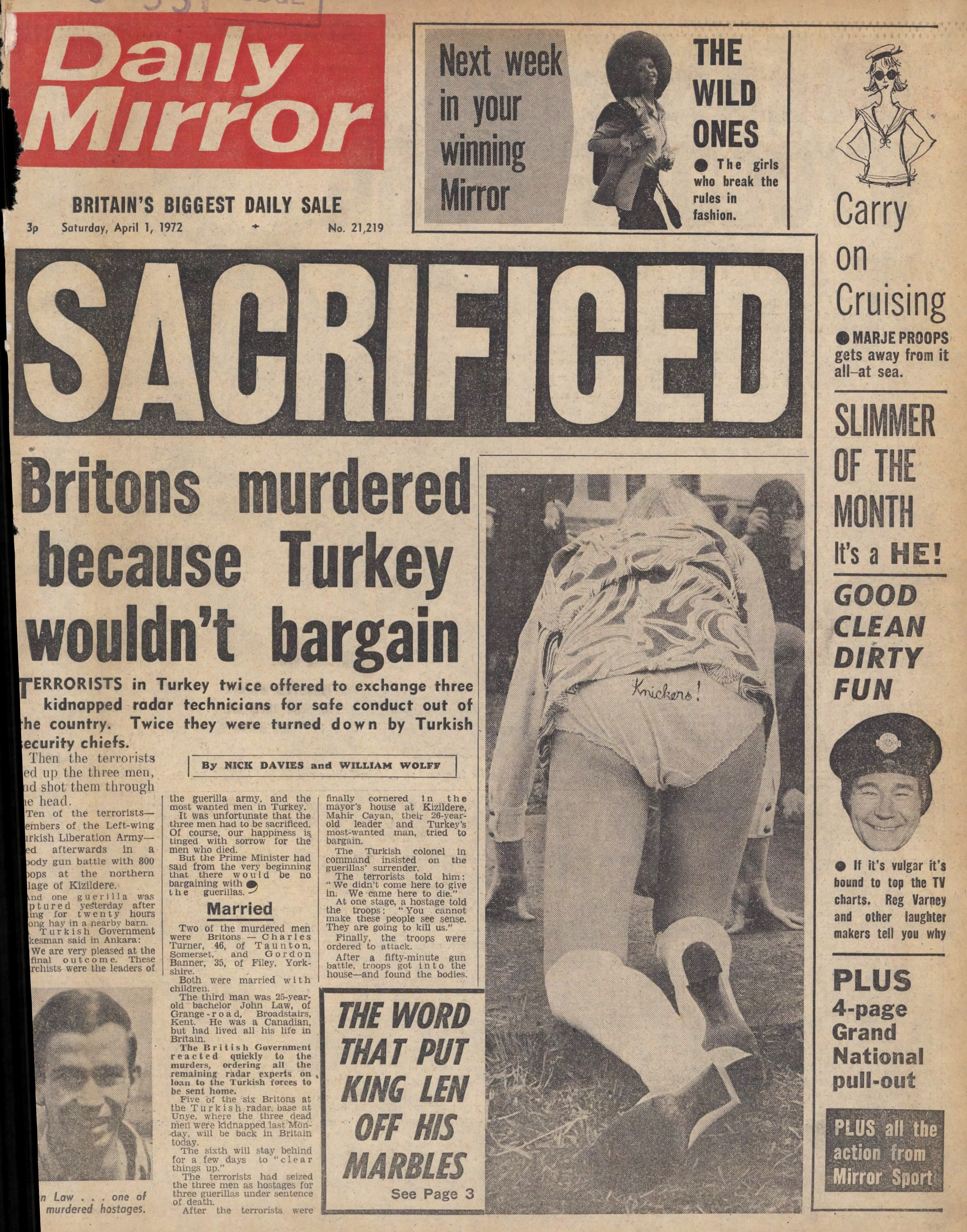 Daily Mirror, Saturday April 1, 1972. Main headline: SACRIFICED - Britons murdered because Turkey wouldn't bargain