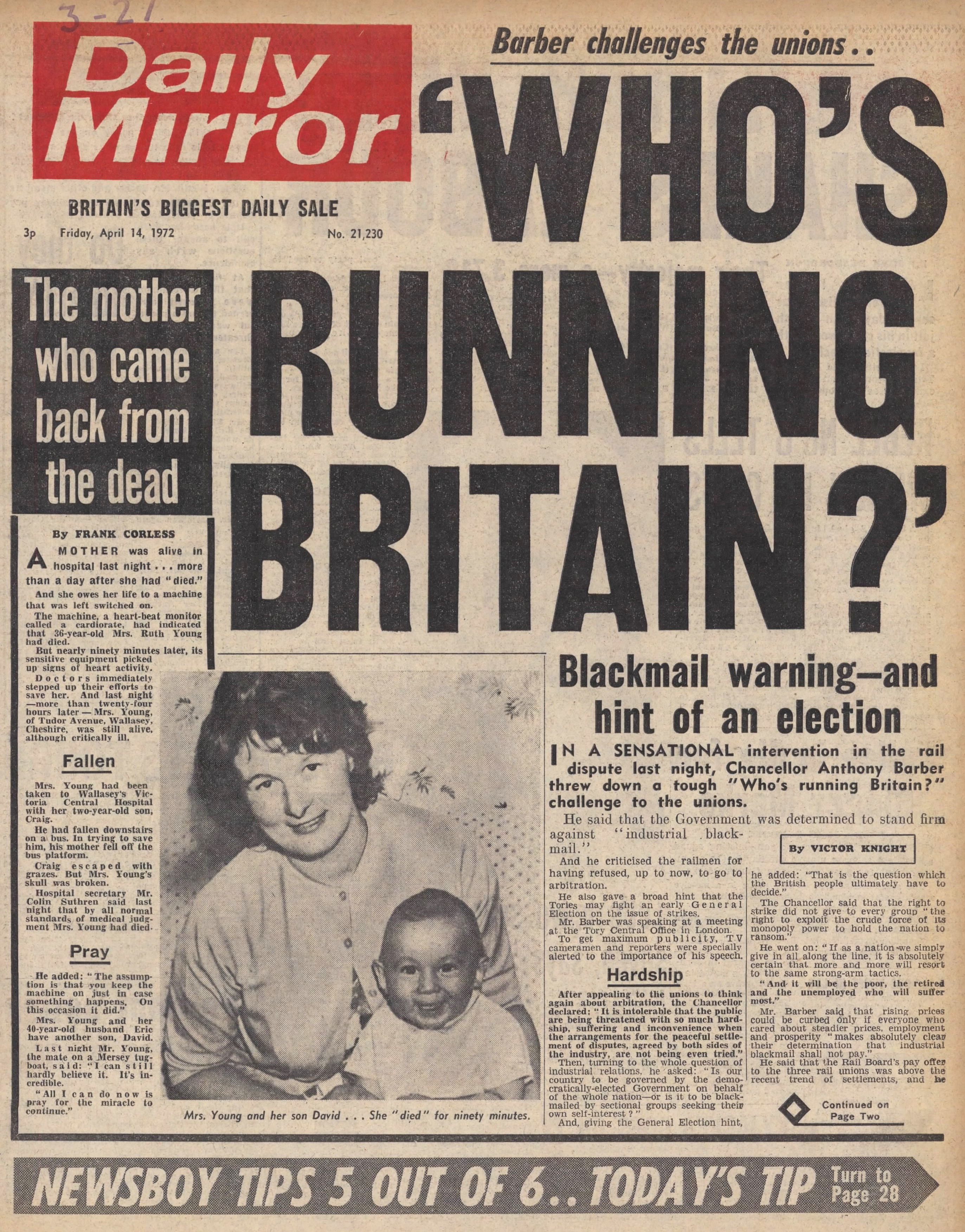 Daily Mirror, April 14, 1972. Main headline: Barber challenges the unions - Who's Running Britain?