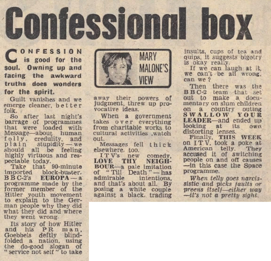 Confessional Box - Mary Malone's View. Main quote of Love Thy Neighbour is in the main text below.