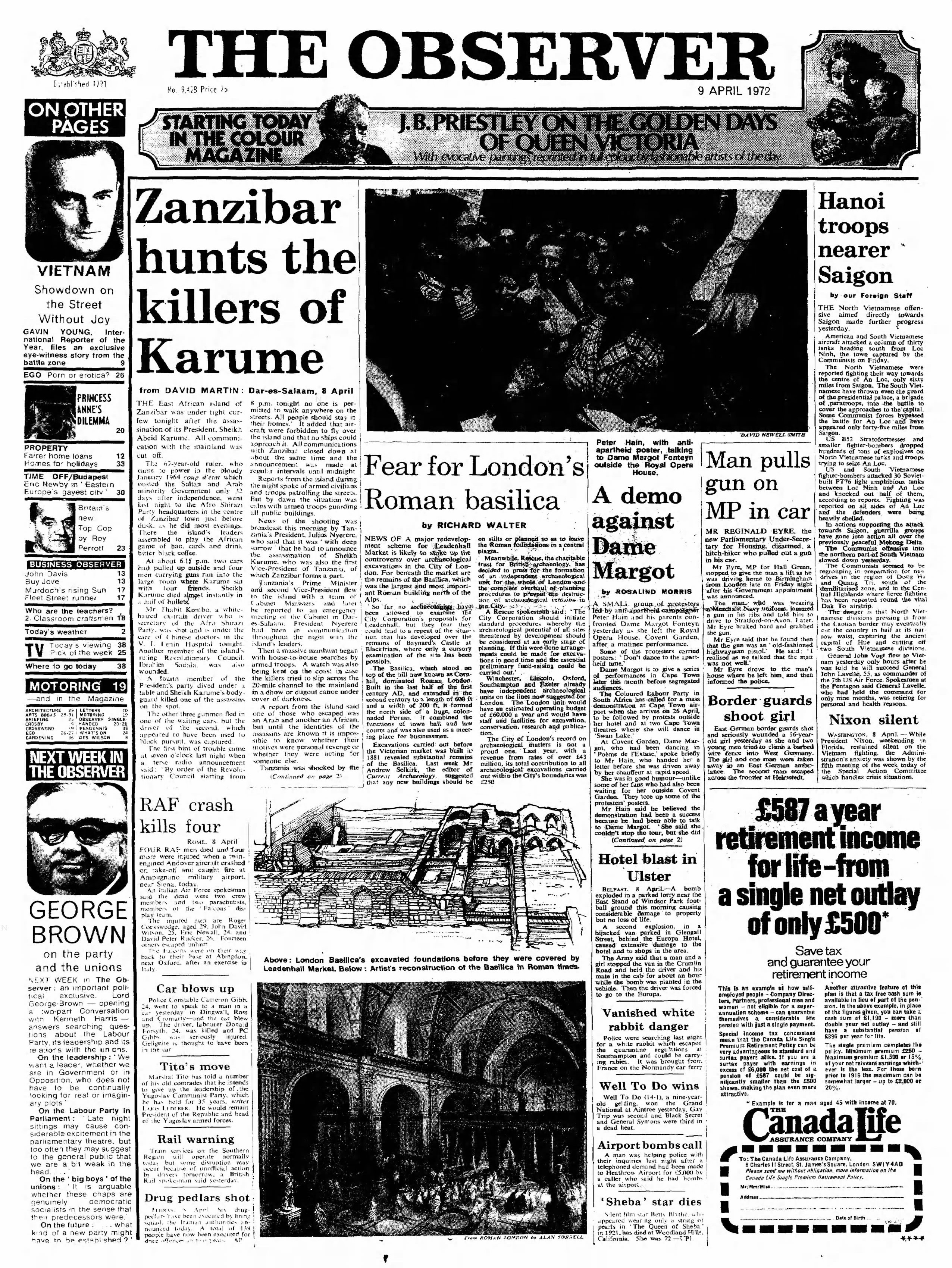 The Observer, 9 April 1972. Main headline: Zanzibar hunts the killers of Karume