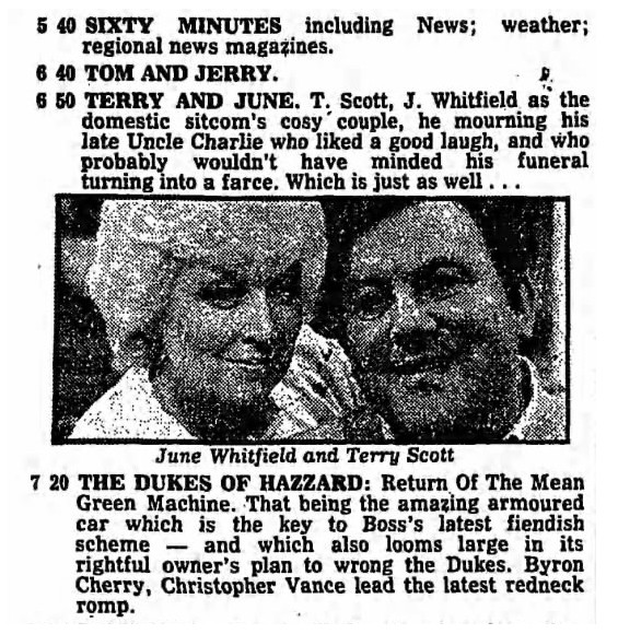 6.50 Terry and June / T. Scott, J. Whitfield as the domestic sitcom's cosy couple, he mourning his late Uncle Charlie who liked a good laugh, and probably wouldn't have minded his funeral turning into a farce. Which is just as well...