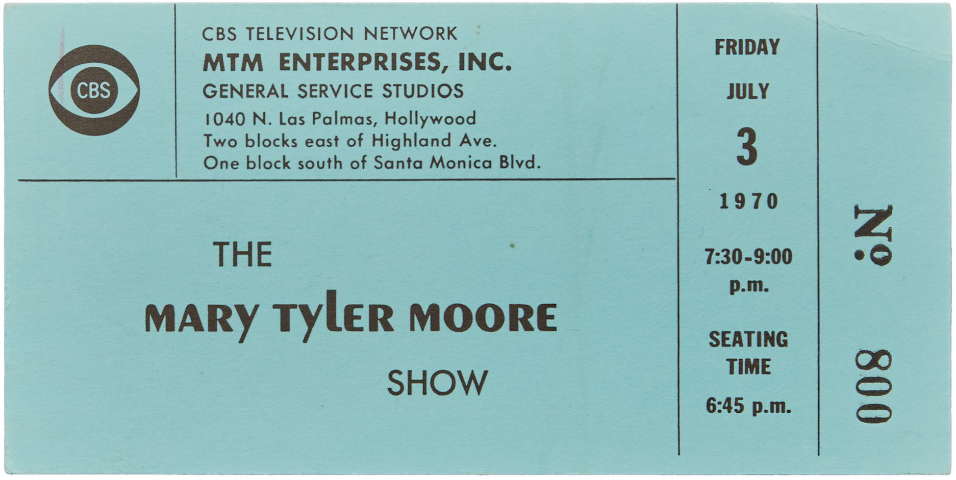 Audience ticket for the first episode of the Mary Tyler Moore Show